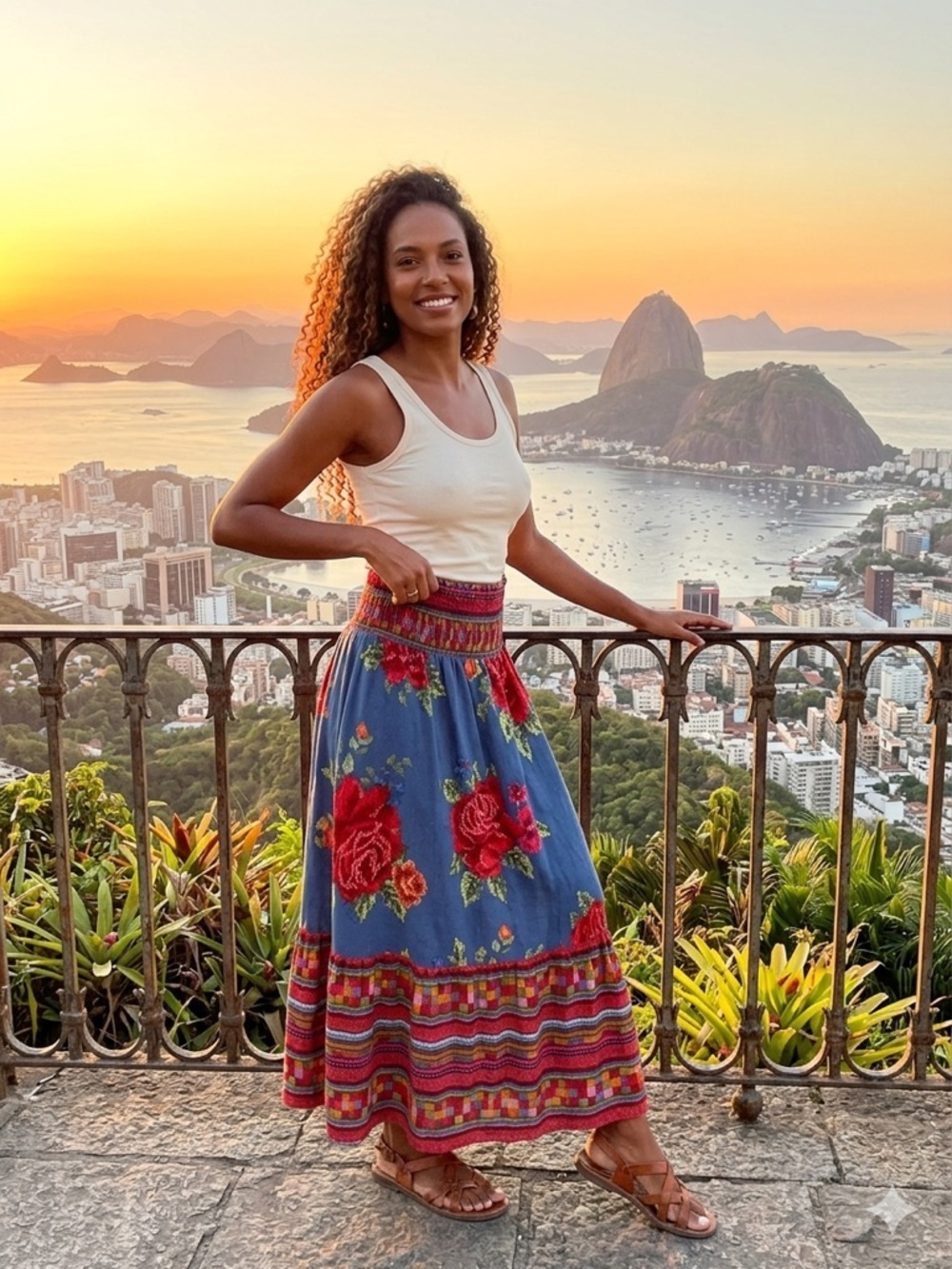 FARM Rio Blue and Red Floral A-Line Skirt